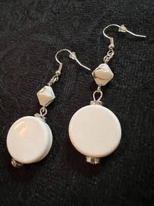 White Ceramic Disc & Acrylic Bead Dangle Drop Pierced Earrings - Picture 1 of 16