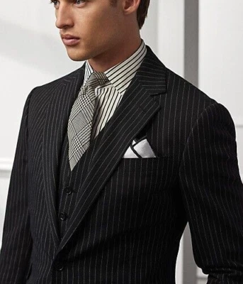 $2995 Blazer Ralph Lauren Etiqueta Púrpura Hecho en Italia Kent Rayas Algodón Lana-42R Foto 1 de 4