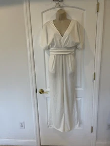 Brillt Size L White V Neck Jumpsuit Wide Leg Romper Waisted Pockets Zip - Picture 1 of 14