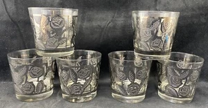 Juego de 6 vasos vintage Libbey antiguos rosas plateadas y hojas RARAS - Imagen 1 de 3