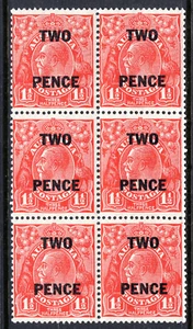 c.1930 KGV Australia TWO PENCE Black Surcharge on 1 1/2d Red Mint Block of 6 - Picture 1 of 2