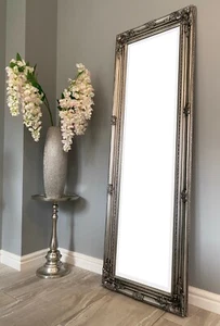 Tall Antique Silver Full Length Floor Wall Wood Framed Dressing Mirror - Picture 1 of 12