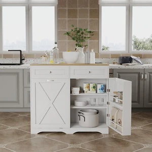 40" Rolling Kitchen Island Cart Power Outlet Trash Can Cabinet Utility Trolley - Picture 1 of 17