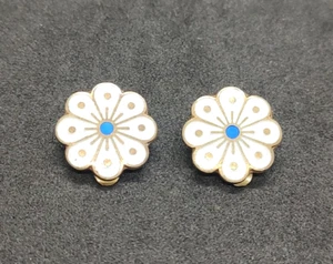 DAVID ANDERSEN Sterling Siver Clip Earrings w/ White & Blue Enamel Flowers - Picture 1 of 3
