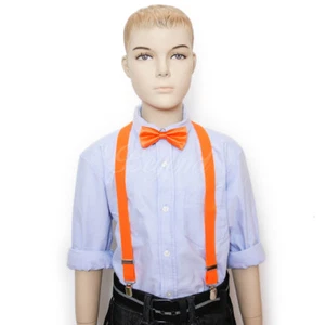 Kids Boys & Girls Adjustable Bow Tie & Suspender Set Neon Orange color - Picture 1 of 7