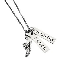 RUN CROSS COUNTRY Necklace~18 inch Gunmetal Chain~Hand Stamped Pendants - Picture 1 of 5