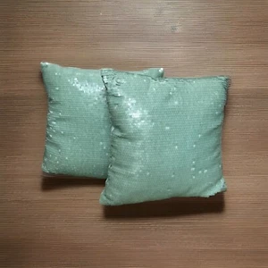 Lot of 2 Seafoam Green Sequin Throw Pillows 17x17 Decorative Scales - Picture 1 of 17