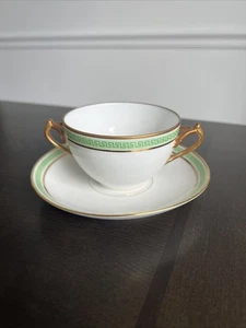 19th Century Bernandaud & C France Greek Green Key Pattern Bullion Cup & Saucer - Picture 1 of 6
