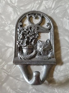 Collectible Pewter Wall Hook Kitty Cat in Window w/ Heart and Plant Silver 5x3" - Picture 1 of 4