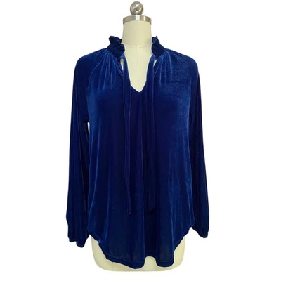 Ralph Lauren M бархатный топ королевский синий с длинным рукавом поэт V шеи оборки Whimsygoth - Изображение 1 из 4
