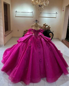 Abito da ballo rosa spalle scoperte Quinceanera applicazioni principessa fiocco dolce 16 - Foto 1 di 9