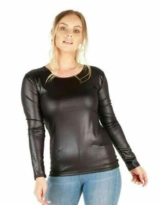  Langarmshirt Damen Übergröße schwarz PVC nass Leder Rundhalsoptik  - Bild 1 von 5