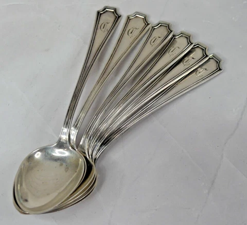 DURGIN Sterling Silver FAIRFAX 4 1/4" Demitasse Spoon Lot of 6, "C" Mono Cover