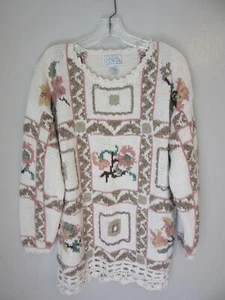CASUAL CORNER Chunky Knit M Cream Embroidered Lace Trim Relaxed Sweater - Picture 1 of 3