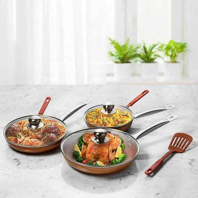 Razab Nonstick Copper Frying Pan Set with Lids and Spatula Set of 3