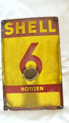 Altes seltenes Reklame Emailschild Shell 6 Notizen Tankstelle Oldtimer Parkplatz - Bild 1 von 4