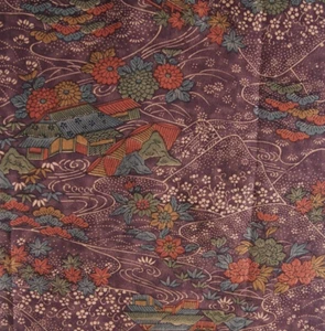 Vintage Japanese Kimono Silk Fabric, Rivers and Flowers on purple 100CM(39") - Picture 1 of 10