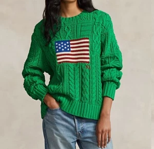 Polo Ralph Lauren Flag Jumper Green Aran Knit American USA Sweater Womens Size M - Picture 1 of 23