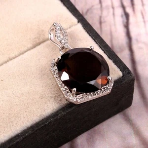 Smoky Quartz Pendant-Minimalist Choker Necklace-925 Sterling Silver-Big Vintage  - Picture 1 of 2