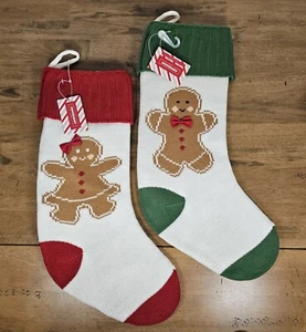 Paar gestrickte Weihnachtsstrümpfe Lebkuchen Mann & Frau verziert Neu mit Etikett 19" - Bild 1 von 6