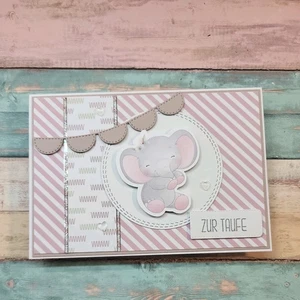 Glückwunschkarte zur Taufe für Kinder Taufkarten, Handarbeit, Elefant Rosa & Gra - Bild 1 von 3
