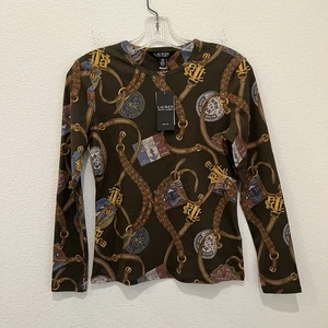 Lauren Ralph Lauren Belting Print Cotton Long Sleeve Olive Women’s PS NWT - Picture 1 of 14