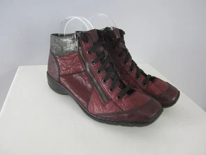 Rieker Ankle Boot Women 8 Dark Red Black Leather EU 39 Lace Zipper Shoes Bootie - Picture 1 of 14