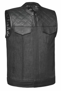 Leather Biker Vest Men's Riding Club Motorcycle Vest Black/White Large Size - Picture 1 of 5