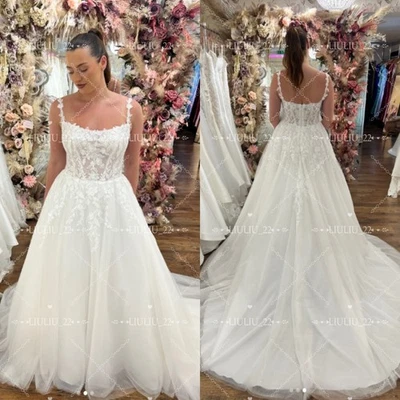Spaghetti Strap Wedding Dress Square Neck Sweep Train Lace Applique Bridal Gowns - Image 1 of 4