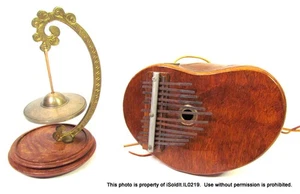 2-PC VINTAGE THUMB PIANO KALIMBA & TINSHA TINGSHA Hanging w/ Stand - Picture 1 of 9