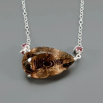 Handmade 70ct+ Natural Smoky Quartz Necklace 925 Sterling Silver 22"/N26954 - Image 1 of 4