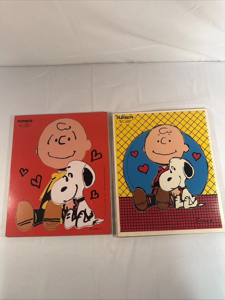 2 rompecabezas de madera vintage 1958 Playskool Be A Friend Charlie Brown & Snoopy Peanuts Foto 1 de 3