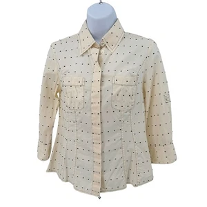 Ann Taylor Cream/Black Dot Button Up Shirt Blouse Womens Petite 4P 3/4 Sleeve - Picture 1 of 9