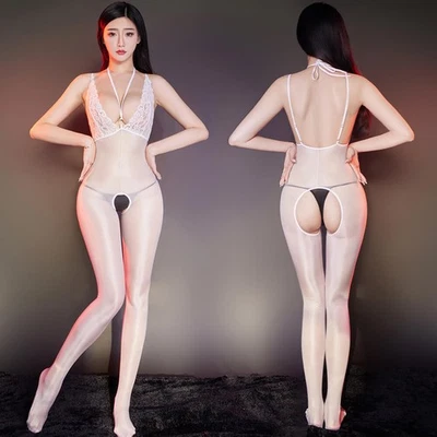 女士油亮光泽绑带紧身内衣无裆紧身衣裤紧身连衣裤 — 第 1/4 张图片