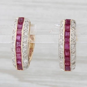 1.11ctw Ruby Diamond Hoop Earrings 14k Yellow Gold Snap Top - Picture 1 of 6