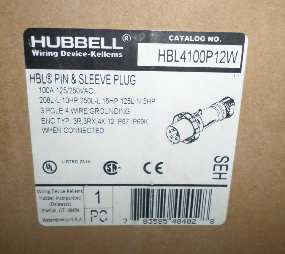 Hubbell HBL4100P12W Pin and Sleeve IEC Plug 3 Pole 4 Wire 100 Amp 125/250v