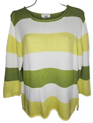 Pierre Cardin Women's Green White Yellow Stripe 3/4 Sleeve Pullover Sweater XL - Image 1 of 4