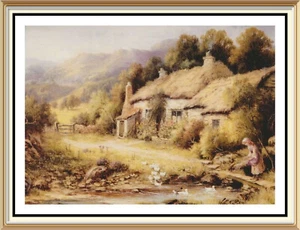 Wall Art Robert Hammond Farmhouse Art Print CALLING DUCKS Thatched Cottage - Picture 1 of 1