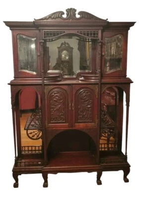 Antigua cabaña/etagere de palo de rosa Art Nouveau con espejos biselados Foto 1 de 4