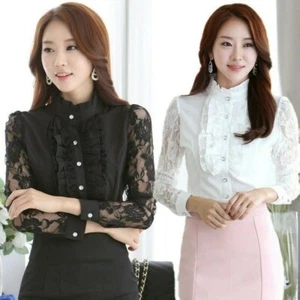 Damen Rüschen Chiffon Shirt Spitze Spleiß Langarm Stehkragen Formell Slim Fit - Bild 1 von 13