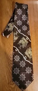 1970s Vintage Mens Neck Tie Brown Ship Design Motif 56" - Picture 1 of 5