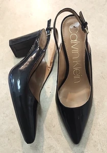 CALVIN KLEIN BLACK PATENT LEATHER WOMEN'S BLACK HEELS SLINGBACK SHOES SZ 7.5 - Picture 1 of 10