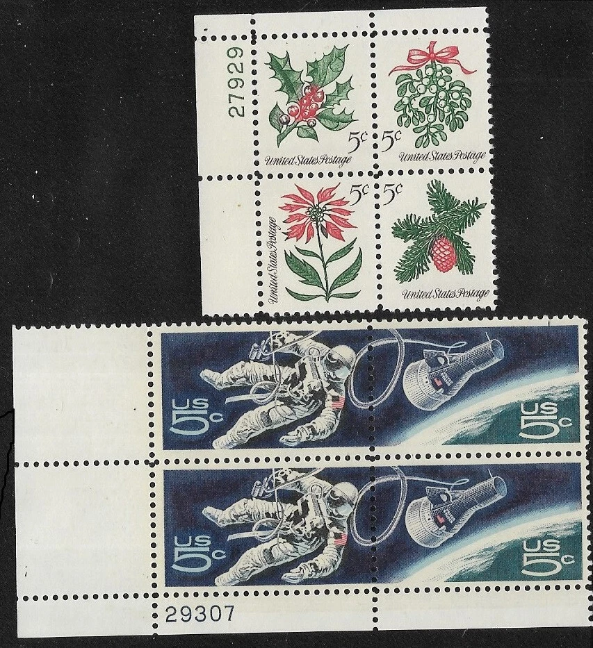 US, MNH, #1254-#1257,  Chritmas Flowers & #1331-#1332 Space Issue, PBlocks of 4 - Image 1 of 1