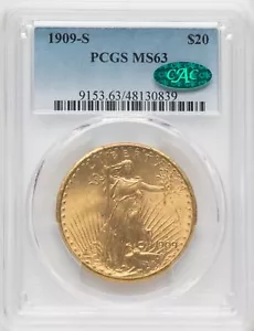 1909-S US Gold $20 Saint-Gaudens Double Eagle - PCGS MS63 CAC - Picture 1 of 2