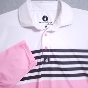 BIRDIES+BOGEY BROS MENS SHIRT-M-8%SPANDEX PERFORMANCE PINK WHITE BLACK STRIPE - Picture 1 of 9