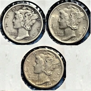 1936 PDS Set of three Mercury Dimes circulated 90% Silver VF to XF Extra Fine - Bild 1 von 2
