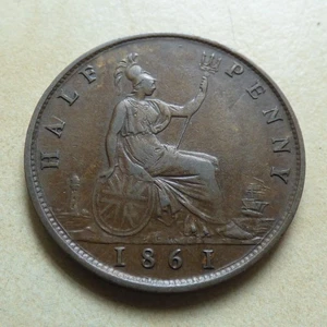 Victoria Half-Penny 1861 LCW on Rock Nice Grade (myrefn1009) - Picture 1 of 12