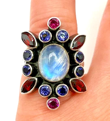 Nicky BUTLER 925 Sterling Silver Moonstone Garnet Iolite Vintage Ring SZ.  6 - Image 1 of 4