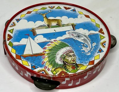 Vintage Tin Tambourine Musical Toy Native Indian Boat Fish Deer Graphics 7.5” - Image 1 of 4