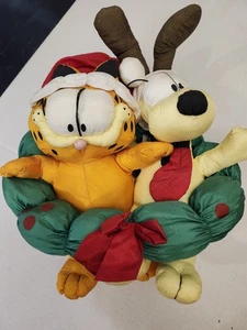 Garfield und Odie Nylon Plüsch Weihnachtskranz von Spencer Gifts 1996 mit Etikett - Bild 1 von 6